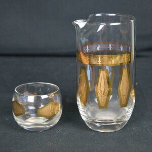 VTG Culver 22K Gold MCM Cocktail Pitcher & 1 Short Glass Barware Set